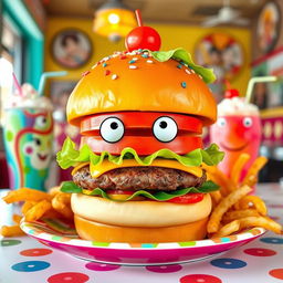 A quirky hamburger with oversized, cartoonish features, stacked high with layers of colorful toppings like bright green lettuce, a vivid orange tomato, and a perfectly grilled patty