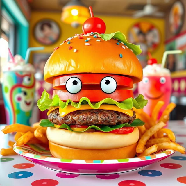 A quirky hamburger with oversized, cartoonish features, stacked high with layers of colorful toppings like bright green lettuce, a vivid orange tomato, and a perfectly grilled patty