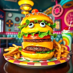A quirky hamburger with oversized, cartoonish features, stacked high with layers of colorful toppings like bright green lettuce, a vivid orange tomato, and a perfectly grilled patty