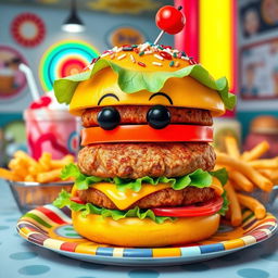 A quirky hamburger with oversized, cartoonish features, stacked high with layers of colorful toppings like bright green lettuce, a vivid orange tomato, and a perfectly grilled patty
