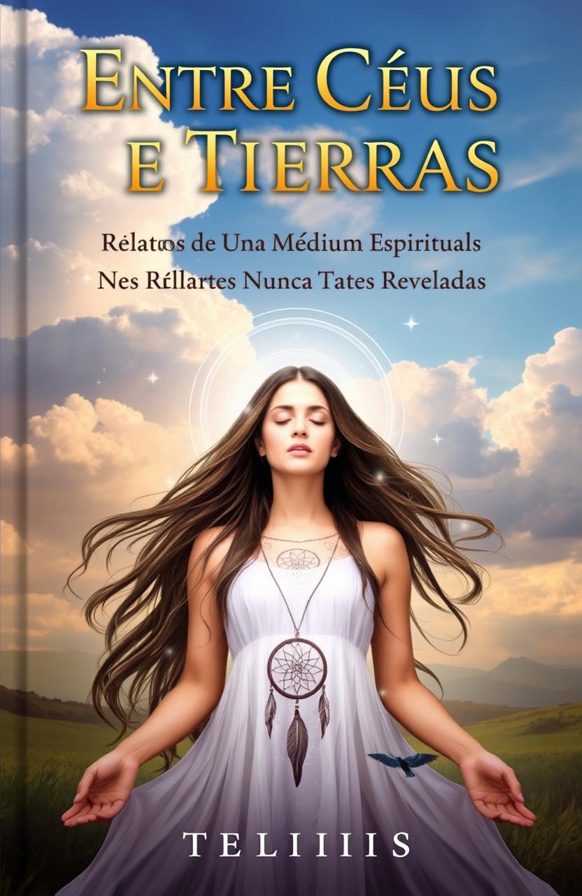 A captivating book cover for "Entre Céus e Terras: Relatos de Uma Médium Espiritual Nunca Antes Reveladas" featuring mystical elements