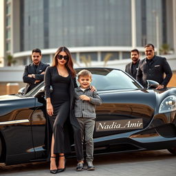 An affluent and glamorous woman dressed in a stylish black outfit stands confidently next to a stunning luxury car, which features the name 'Nadia_Amir' elegantly displayed on it