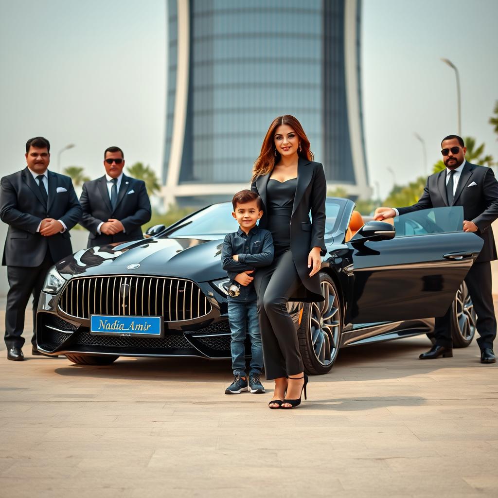 An affluent and glamorous woman dressed in a stylish black outfit stands confidently next to a stunning luxury car, which features the name 'Nadia_Amir' elegantly displayed on it