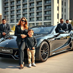 An affluent and glamorous woman dressed in a stylish black outfit stands confidently next to a stunning luxury car, which features the name 'Nadia_Amir' elegantly displayed on it