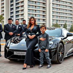 An affluent and glamorous woman dressed in a stylish black outfit stands confidently next to a stunning luxury car, which features the name 'Nadia_Amir' elegantly displayed on it