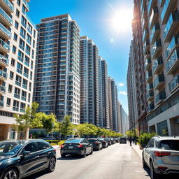 A modern city street filled with tall residential buildings featuring contemporary architecture