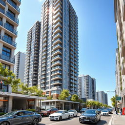 A modern city street filled with tall residential buildings featuring contemporary architecture
