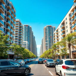 A modern city street filled with tall residential buildings featuring contemporary architecture