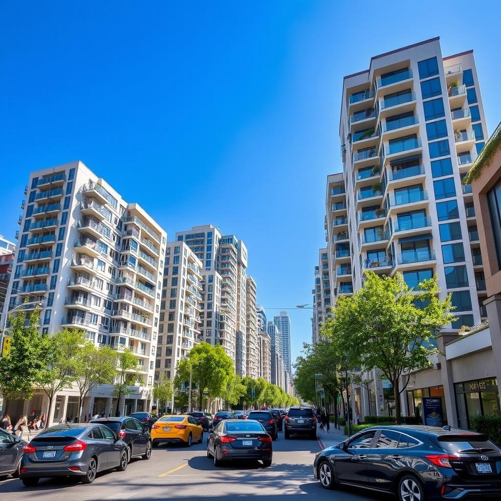 A modern city street filled with tall residential buildings featuring contemporary architecture