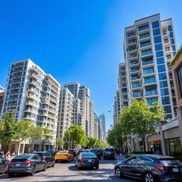A modern city street filled with tall residential buildings featuring contemporary architecture