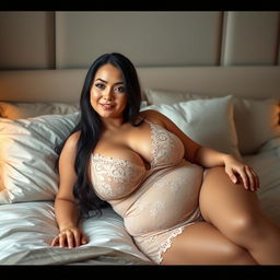 A 40-year-old woman with long black hair, wearing a large size, and having a voluptuous figure, is lying on a bed