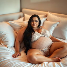 A 40-year-old woman with long black hair, wearing a large size, and having a voluptuous figure, is lying on a bed
