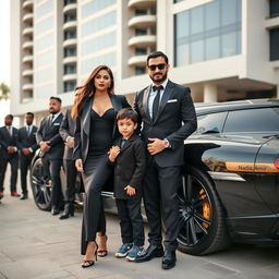 A wealthy and fashionable woman wearing an elegant black outfit stands alongside a cute and charming 4-year-old boy, both radiating an aura of luxury
