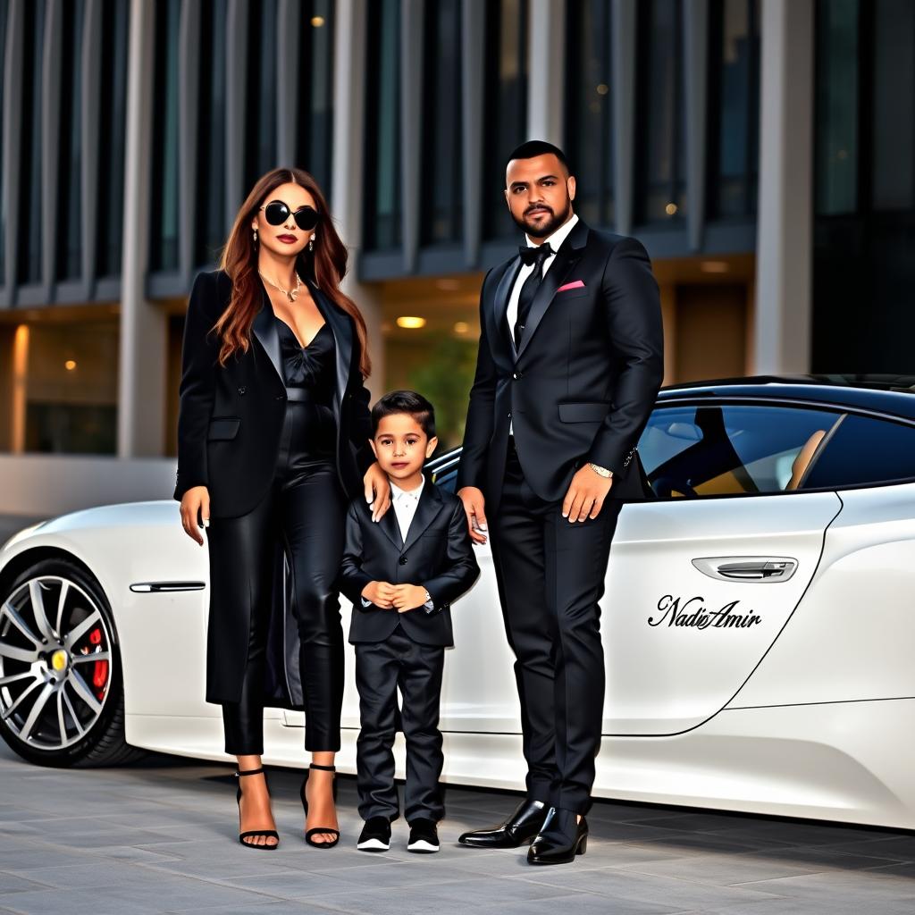 A wealthy and fashionable woman wearing an elegant black outfit stands alongside a cute and charming 4-year-old boy, both radiating an aura of luxury