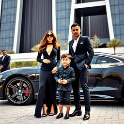 A wealthy and fashionable woman wearing an elegant black outfit stands alongside a cute and charming 4-year-old boy, both radiating an aura of luxury