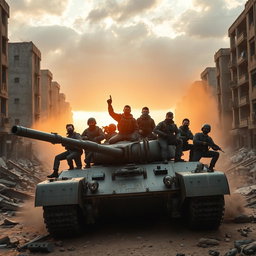 A cinematic depiction of a group of modern soldiers posing victoriously on a heavily damaged tank amidst a war-torn urban environment