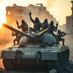 A cinematic depiction of a group of modern soldiers posing victoriously on a heavily damaged tank amidst a war-torn urban environment