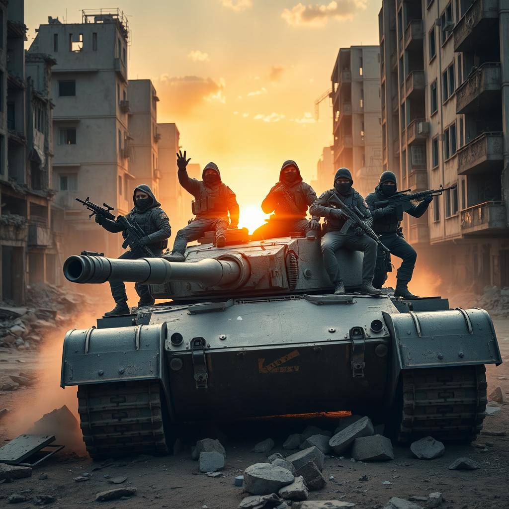 A cinematic depiction of a group of modern soldiers posing victoriously on a heavily damaged tank amidst a war-torn urban environment