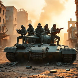 A cinematic depiction of a group of modern soldiers posing victoriously on a heavily damaged tank amidst a war-torn urban environment