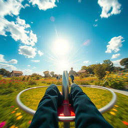 A captivating view from the perspective of an individual seated on a simple metal merry-go-round, experiencing the thrill of spinning around