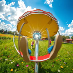 A captivating view from the perspective of an individual seated on a simple metal merry-go-round, experiencing the thrill of spinning around