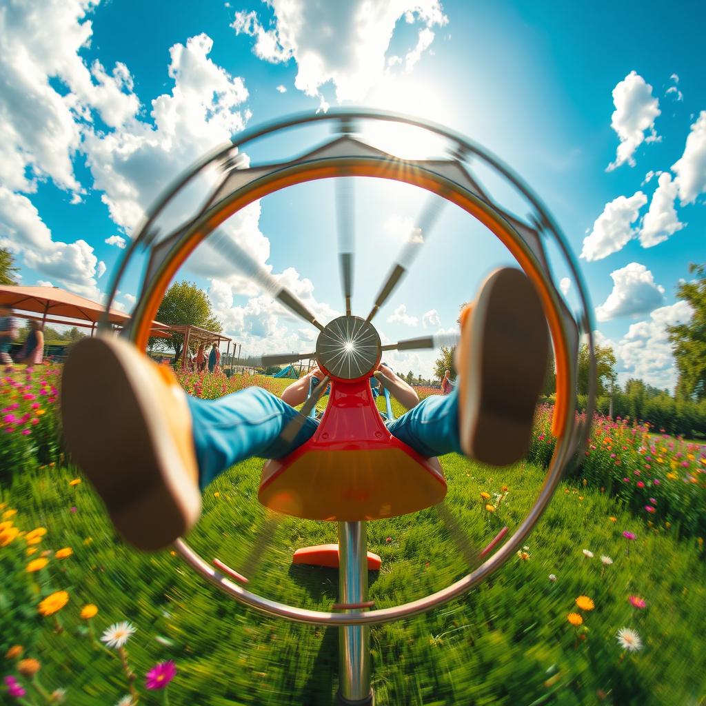 A captivating view from the perspective of an individual seated on a simple metal merry-go-round, experiencing the thrill of spinning around