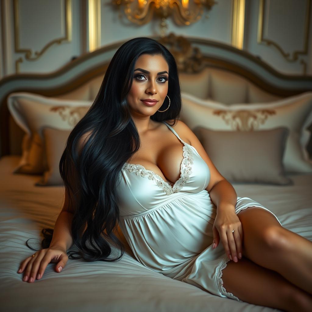 A 40-year-old woman with long black hair, voluptuous figure, wearing a sexy nightgown, lying gracefully on a luxurious bed