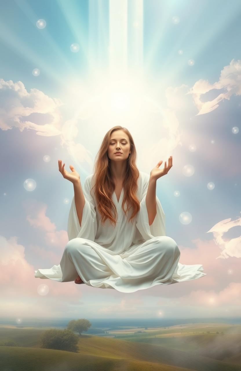 A mystical scene capturing the essence of spirituality and mediumship, featuring a serene medium sitting in a beautiful, ethereal environment, surrounded by floating orbs of light symbolizing spirits
