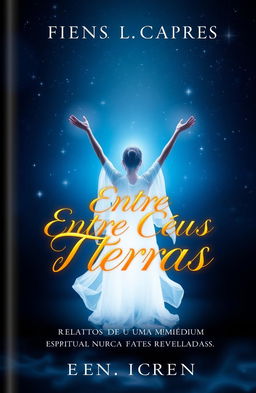 A mysterious and intriguing book cover for 'Entre Céus e Terras: Relatos de Uma Médium Espiritual Nunca Antes Reveladas'