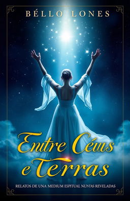 A mysterious and intriguing book cover for 'Entre Céus e Terras: Relatos de Uma Médium Espiritual Nunca Antes Reveladas'