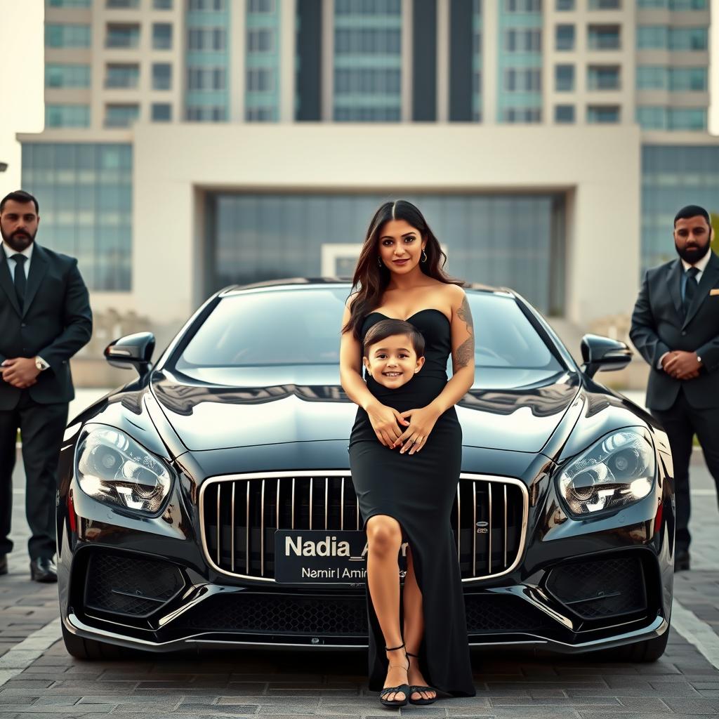 A wealthy and glamorous woman in a fashionable black dress stands beside a luxury car that displays the name 'Nadia_Amir'