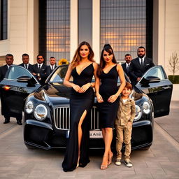 A wealthy and glamorous woman in a fashionable black dress stands beside a luxury car that displays the name 'Nadia_Amir'