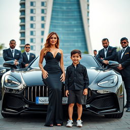 A wealthy and glamorous woman in a fashionable black dress stands beside a luxury car that displays the name 'Nadia_Amir'