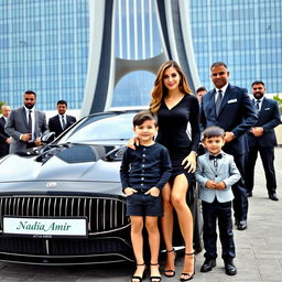 A wealthy and glamorous woman in a fashionable black dress stands beside a luxury car that displays the name 'Nadia_Amir'