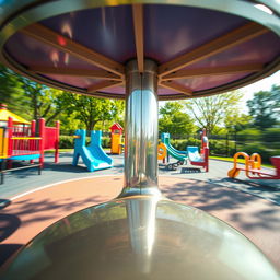 A captivating perspective from someone sitting on a seat of a simple metal merry-go-round, experiencing the exhilarating sensation of spinning around