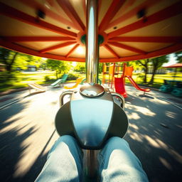 A captivating perspective from someone sitting on a seat of a simple metal merry-go-round, experiencing the exhilarating sensation of spinning around