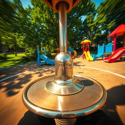 A captivating perspective from someone sitting on a seat of a simple metal merry-go-round, experiencing the exhilarating sensation of spinning around
