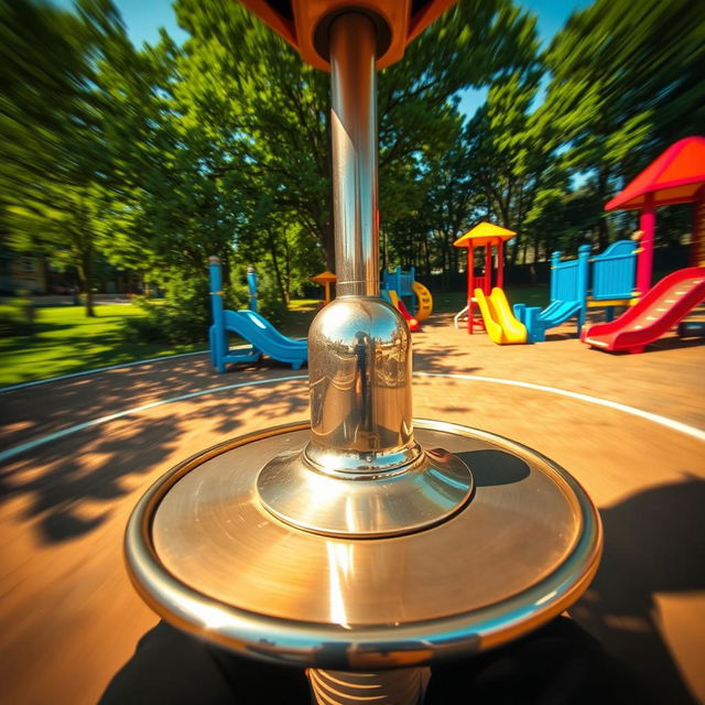 A captivating perspective from someone sitting on a seat of a simple metal merry-go-round, experiencing the exhilarating sensation of spinning around