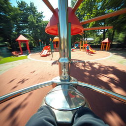 A captivating perspective from someone sitting on a seat of a simple metal merry-go-round, experiencing the exhilarating sensation of spinning around