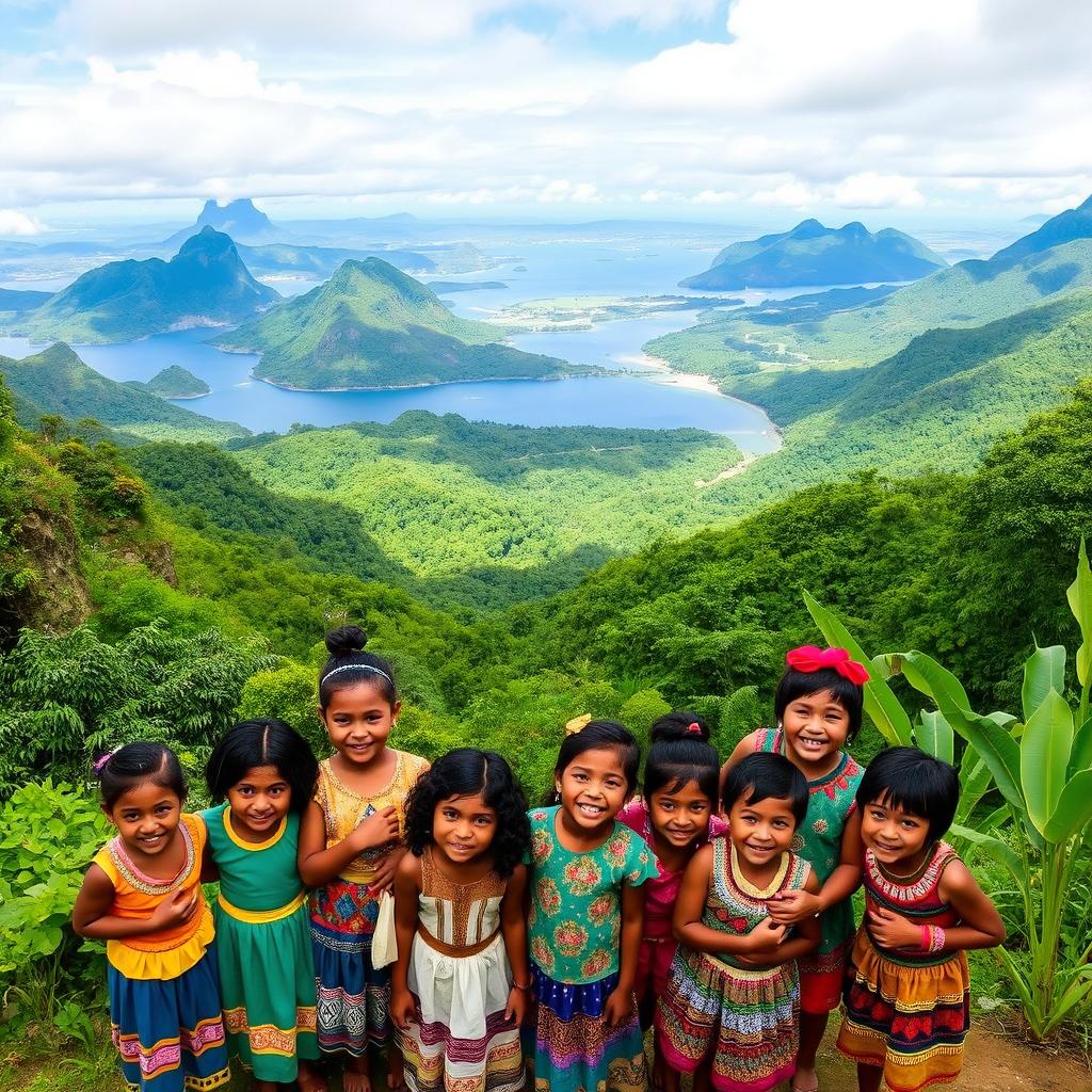 A vibrant landscape showcasing the beauty of Ecuador, featuring lush green mountains, pristine coastlines, and vibrant rainforest