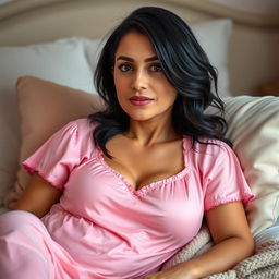 A 40-year-old woman with black hair and large breasts wearing a pink nightgown, lying on a bed