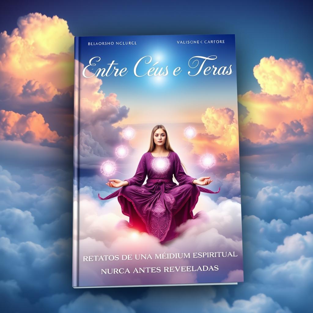 A captivating book cover for 'Entre Céus e Terras: Relatos de Uma Médium Espiritual Nunca Antes Reveladas'