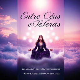 A captivating book cover for 'Entre Céus e Terras: Relatos de Uma Médium Espiritual Nunca Antes Reveladas'