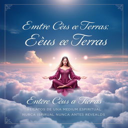 A captivating book cover for 'Entre Céus e Terras: Relatos de Uma Médium Espiritual Nunca Antes Reveladas'
