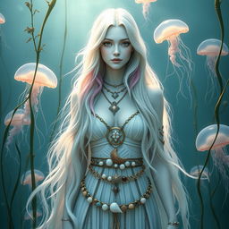 A beautiful white-skinned female druid standing gracefully among ocean plants and ethereal sea jellyfish