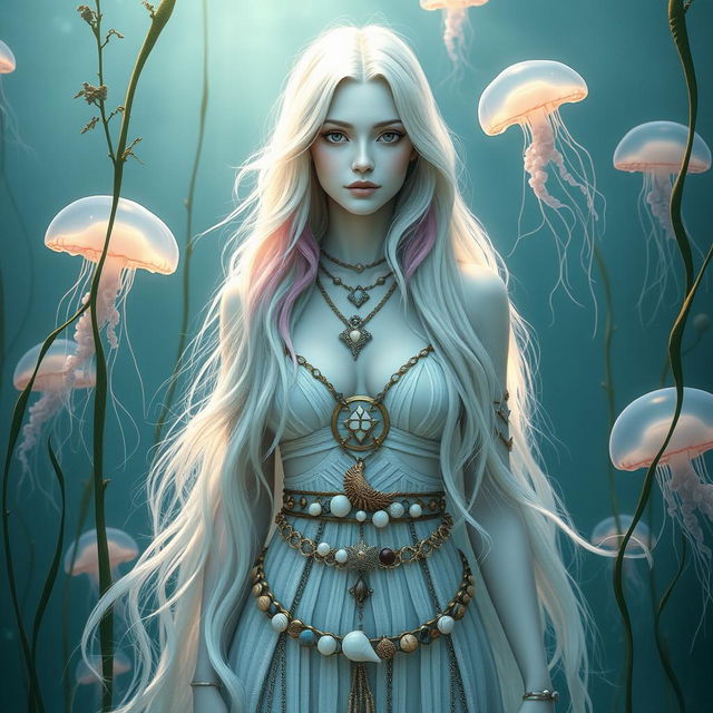 A beautiful white-skinned female druid standing gracefully among ocean plants and ethereal sea jellyfish