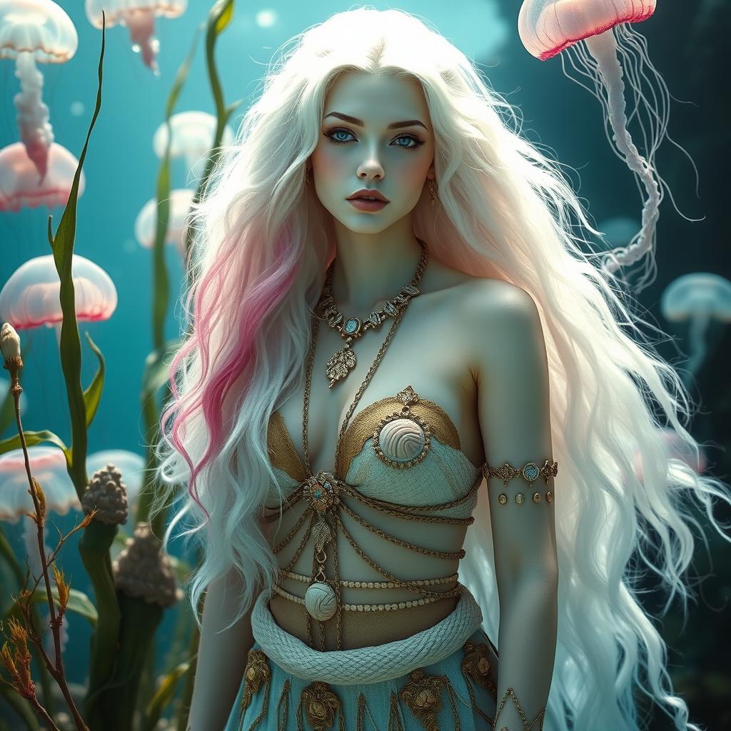 A beautiful white-skinned female druid standing gracefully among ocean plants and ethereal sea jellyfish