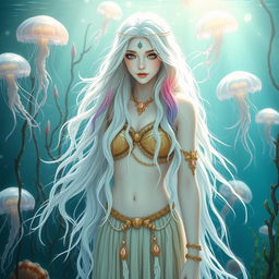 A beautiful white-skinned female druid standing gracefully among ocean plants and ethereal sea jellyfish