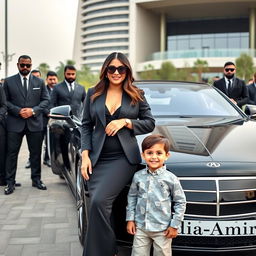 A wealthy and sophisticated woman dressed in an elegant black outfit stands proudly next to a luxurious car that has the name 'Nadia_Amir' displayed prominently on it