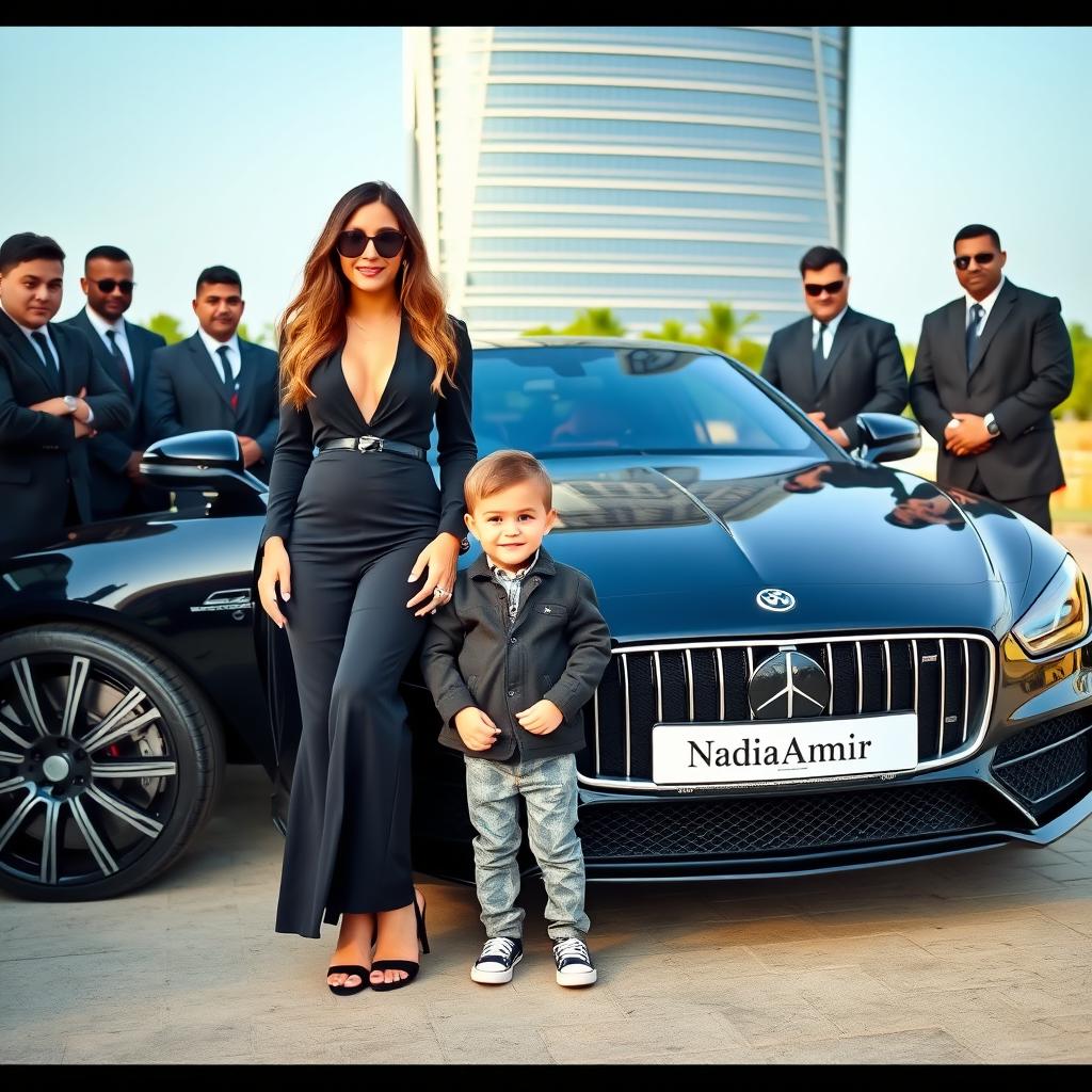 A wealthy and sophisticated woman dressed in an elegant black outfit stands proudly next to a luxurious car that has the name 'Nadia_Amir' displayed prominently on it